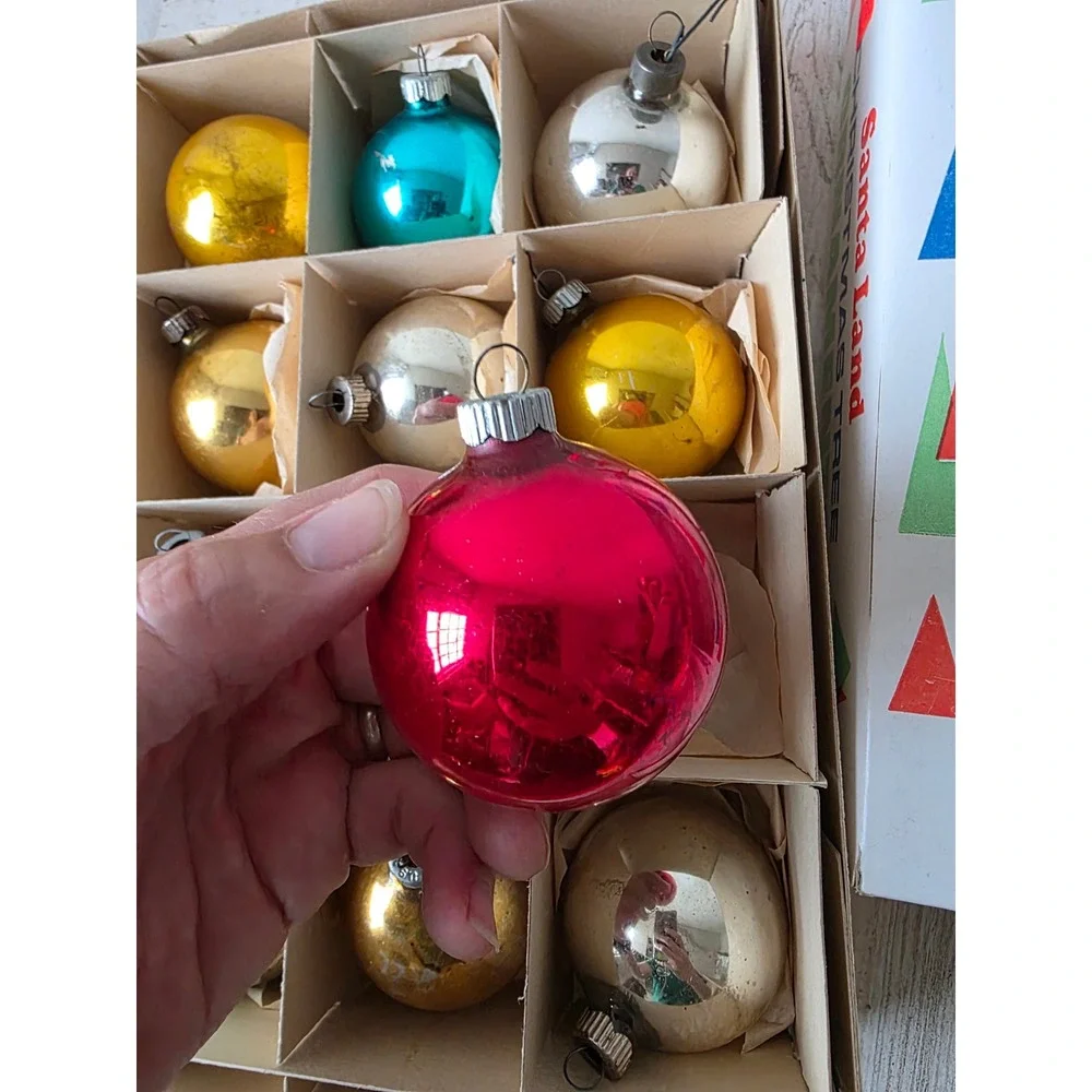 Vintage shiny Brite ball ornament green red gold silver set box Santa Land Xmas